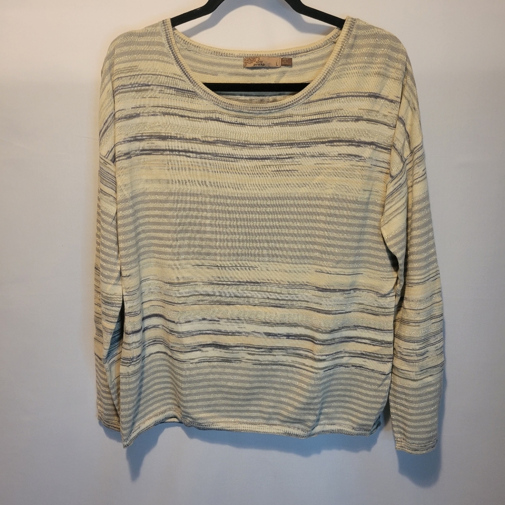 PrAna Cross Over Sweater Womens Large Striped Metallic Thread Long Sleeve
